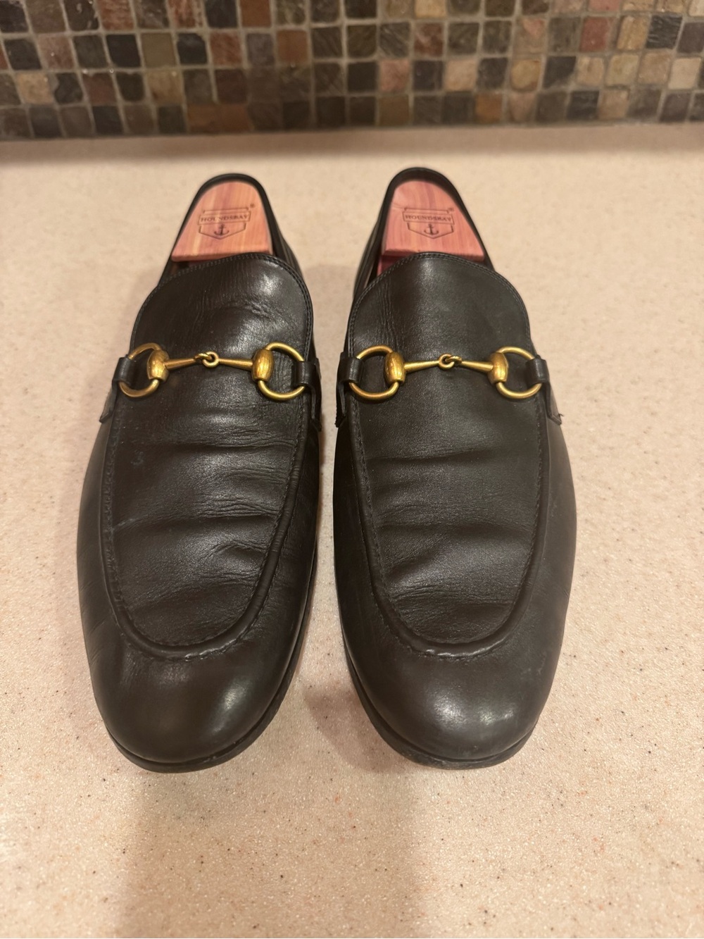 Gucci Black Leather Slip-On Loafers with Gold Horsebit